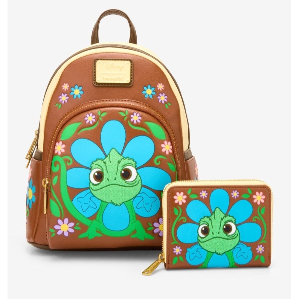 Loungefly Disney Tangled Pascal Chameleon Floral Embroidered Backpack & WALLET